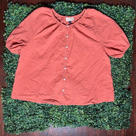 Universal Thread Boho Rust Red Puff Elbow Sleeve Button Front Top Blouse Sz M - Picture 1 of 4